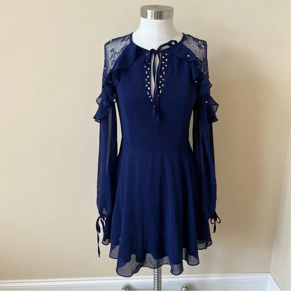 Lulus city of love long sleeve chiffon ruffle skater dress 5790 - Picture 1 of 10